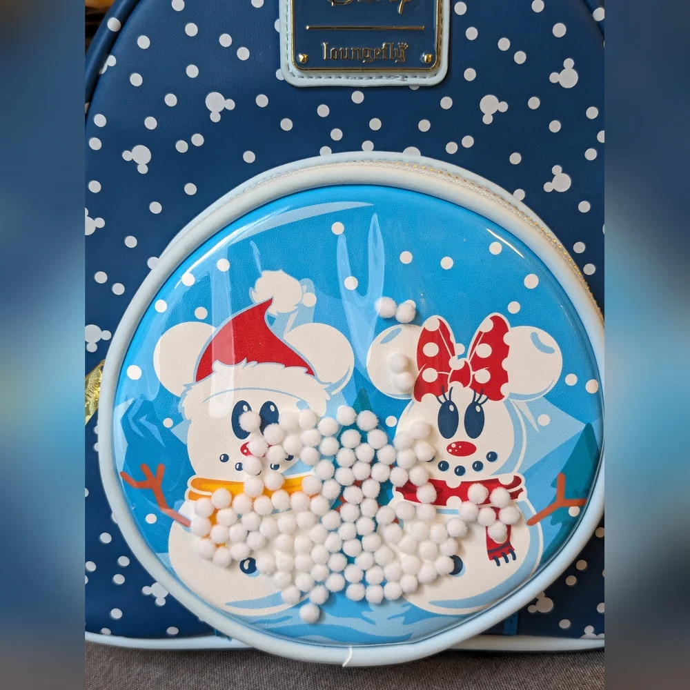 Disney Loungefly Mickey & Minnie Mouse Snowman Snow globe bag backpack